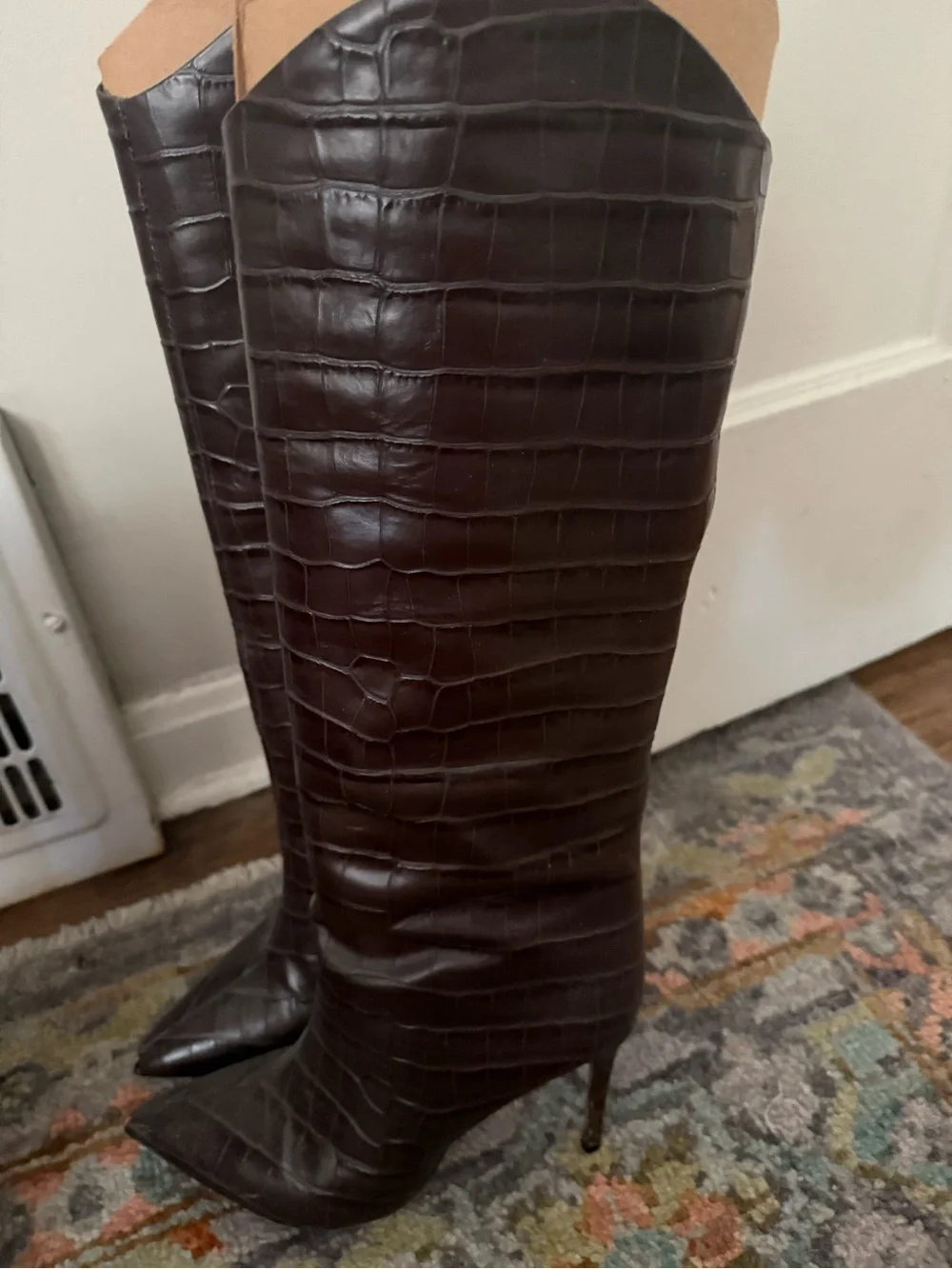 SCHUTZ Croc-Embossed Pointed-Toe Over-the-Knee Boots - Dark Brown
